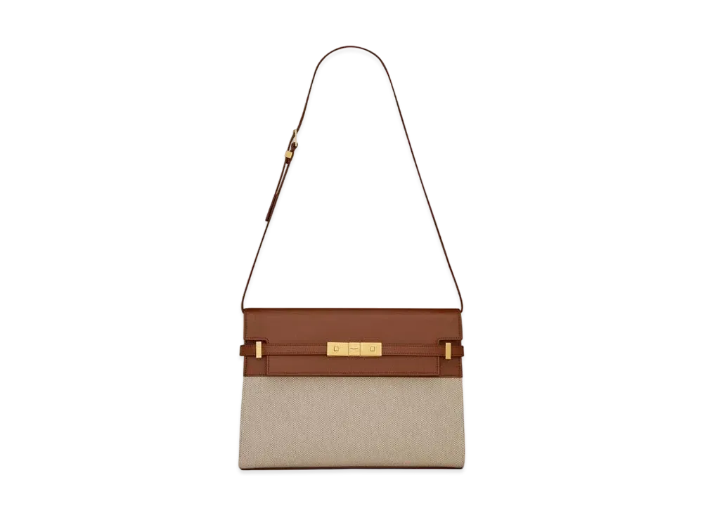 Saint Laurent Manhattan Shoulder Bag In Canvas And Leather "Natural Beige/Brick"