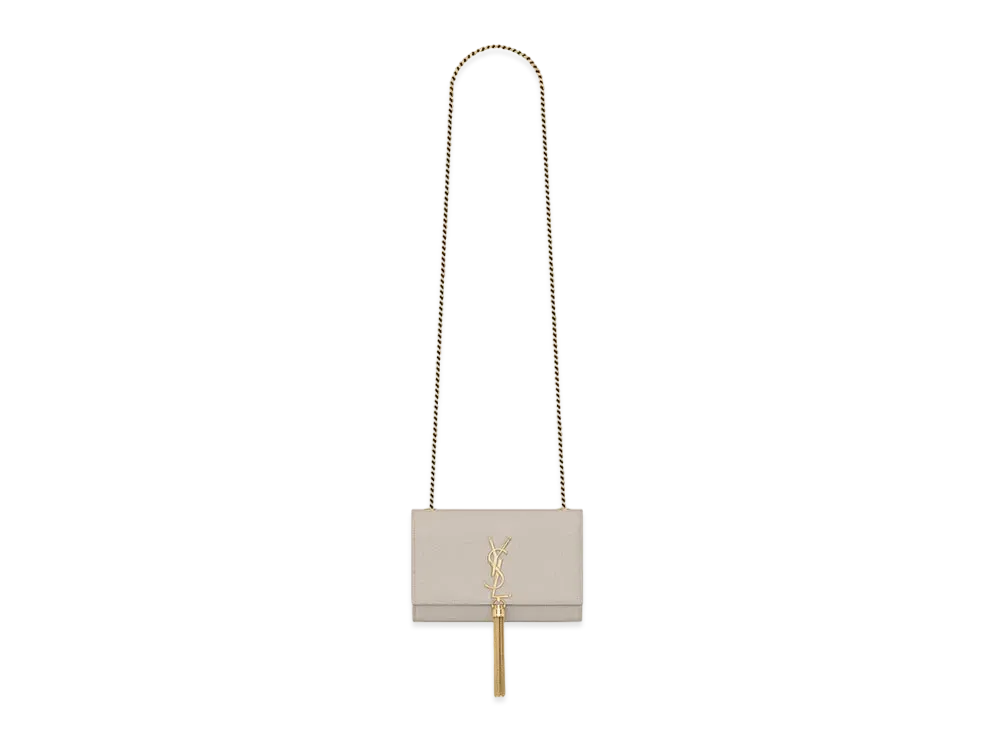 Saint Laurent Kate Small Chain Bag With Tassel In Grain De Poudre Embossed Leather "Vintage White"