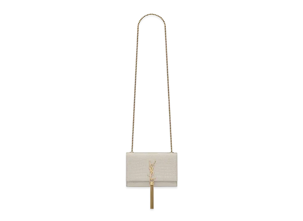 Saint Laurent Kate Small Chain Bag With Tassel In Crocodile-Embossed Shiny Leather "Vintage White"