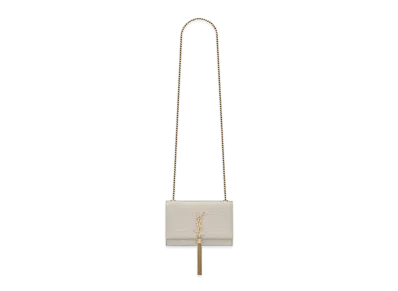 Saint Laurent Kate Small Chain Bag With Tassel In Crocodile-Embossed Shiny Leather "Vintage White"