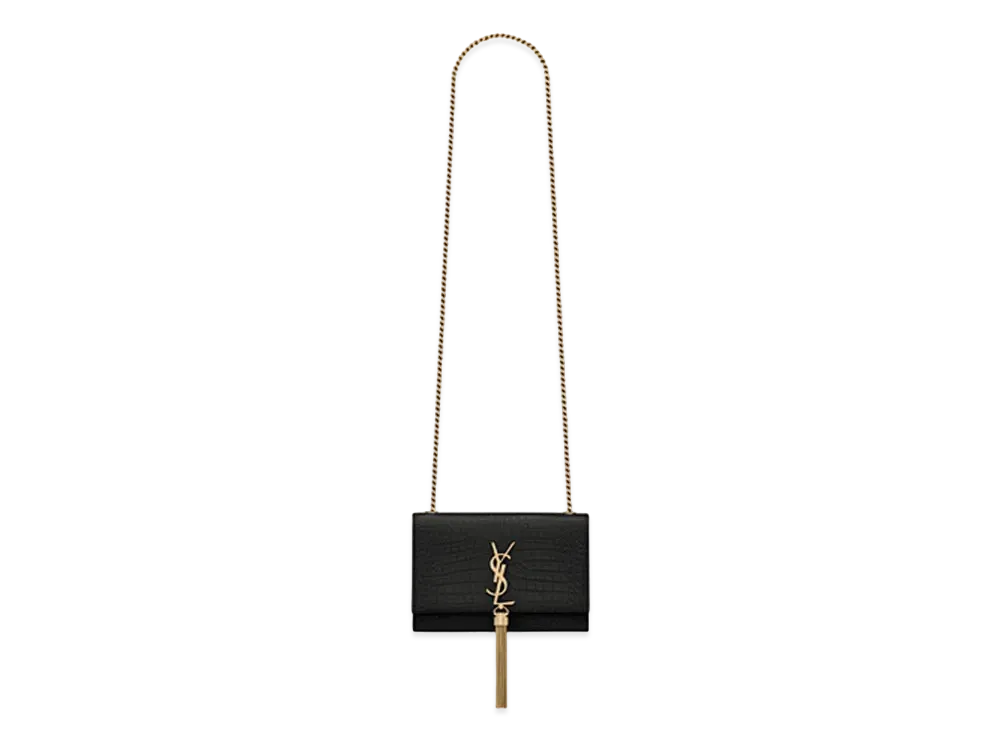 Saint Laurent Kate Small Chain Bag With Tassel In Crocodile-Embossed Shiny Leather "Black"