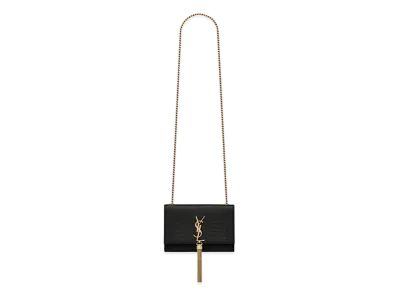 Saint Laurent Kate Small Chain Bag With Tassel In Crocodile-Embossed Shiny Leather "Black"