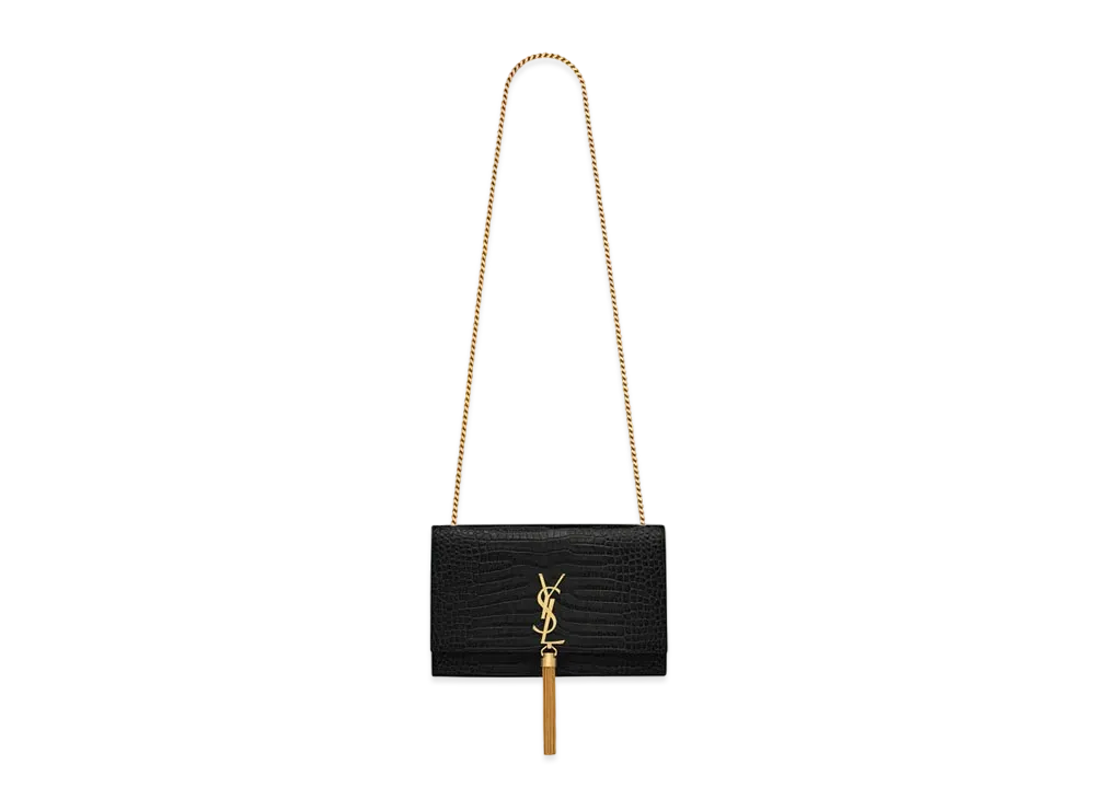 Saint Laurent Kate Medium With Tassel In Crocodile-Embossed Shiny Leather "Black"