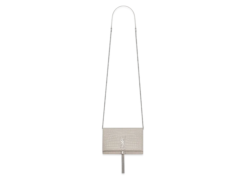 Saint Laurent Kate Chain Wallet With Leather Tassel In Crocodile-Embossed Leather "Vintage White"