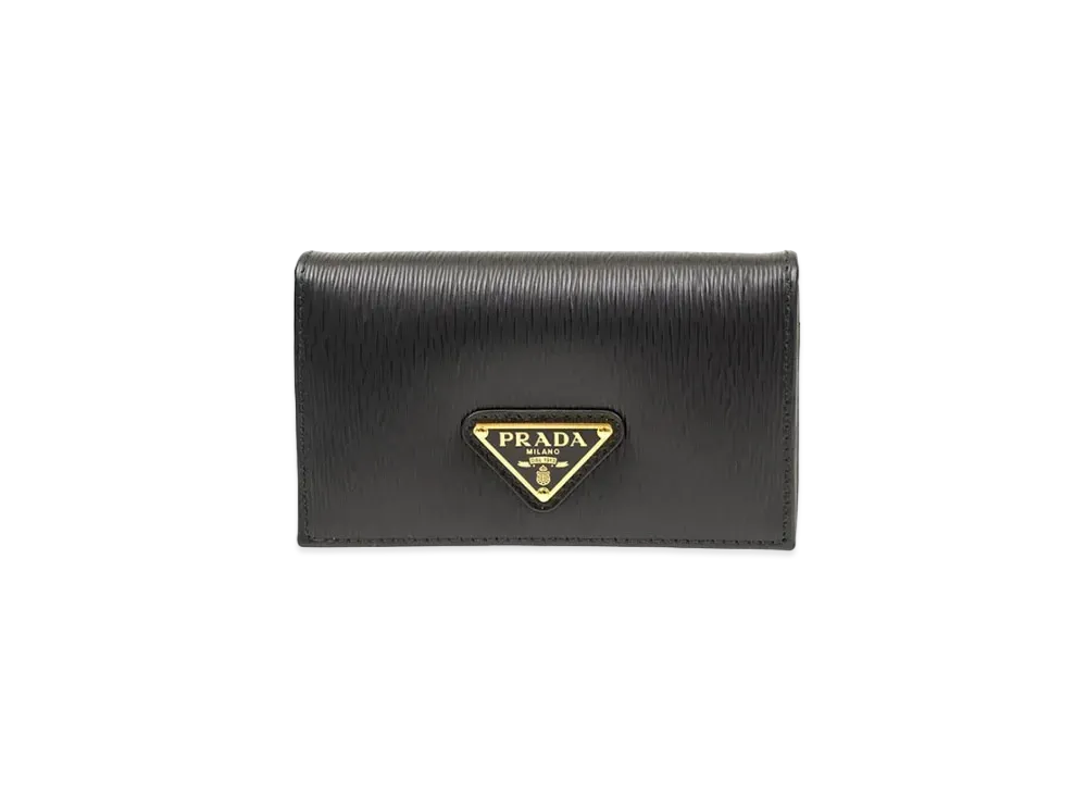 PRADA Vitello Triangle Logo Flap Card Holder "Black"