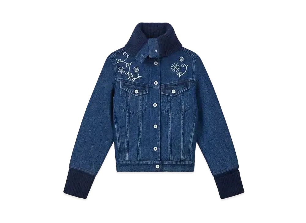 KENZO 'MARGUERITE'' Embroidery Trucker Jacket in Japanese Denim & Rib Wool "Medium Stone Blue Denim"