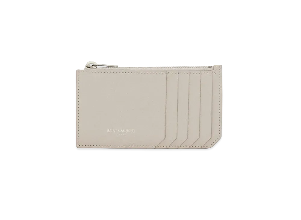 Saint Laurent Fragments Zipped Card Case In Grained Leather "Vintage White"
