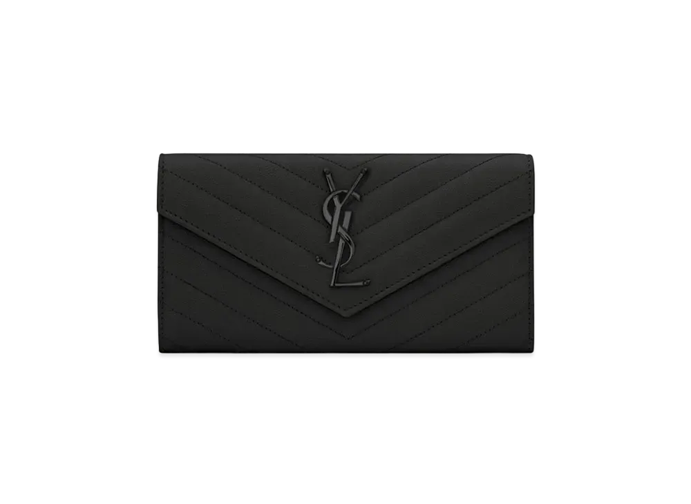 Saint Laurent Flap Large Wallet In Grain De Black Embossed Leather "Black"