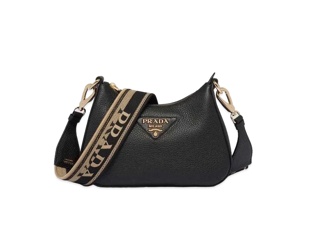 PRADA Leather Woven Tape Shoulder Bag "Black"