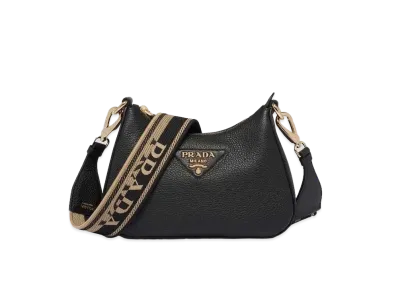 PRADA Leather Woven Tape Shoulder Bag "Black"