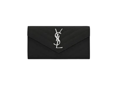 Saint Laurent Flap Large Wallet In Grain De Black Embossed Leather "Black"