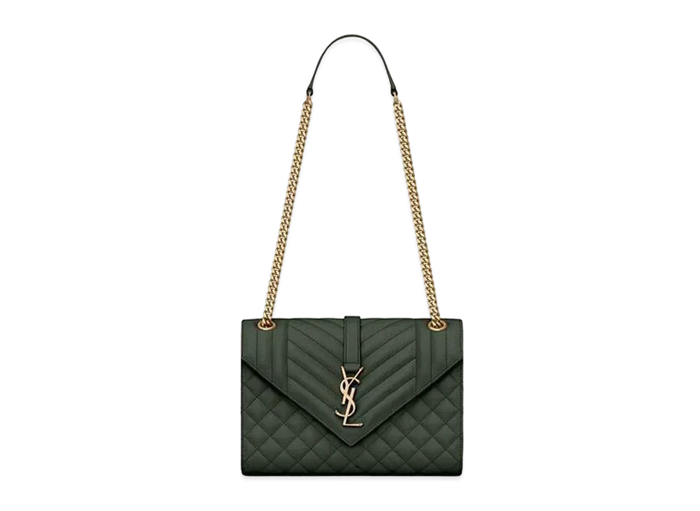 Saint Laurent Envelope Medium Bag In Mix Matelasse Grain De Poudre Embossed Leather "Dark Green"