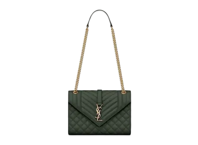 Saint Laurent Envelope Medium Bag In Mix Matelasse Grain De Poudre Embossed Leather "Dark Green"