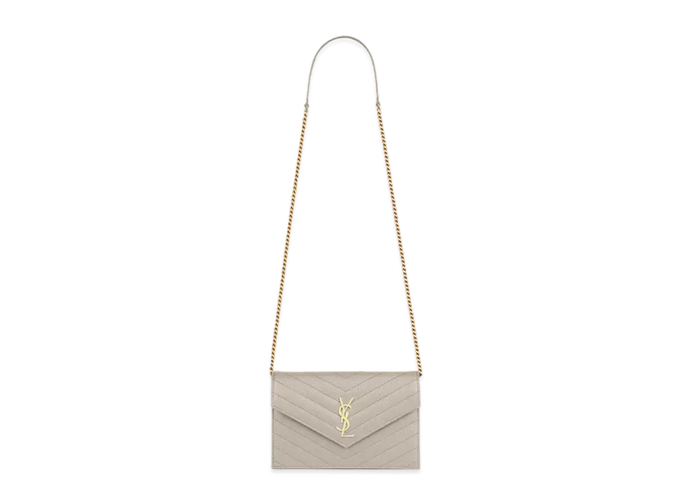 Saint Laurent Envelope Chain Wallet In Grain De Poudre Embossed Leather "Vintage White"