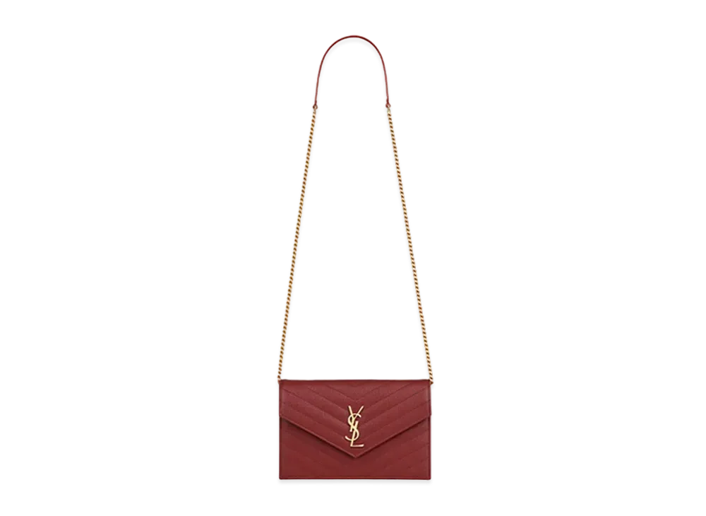 Saint Laurent Envelope Chain Wallet In Grain De Poudre Embossed Leather "Rouge Opyum"