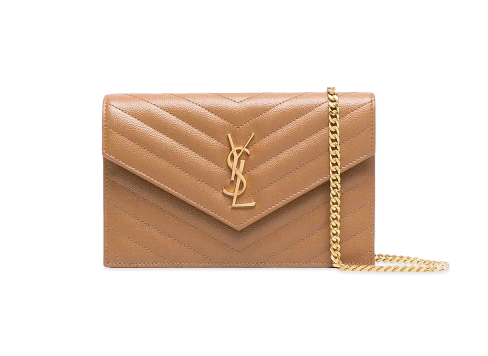 Saint Laurent Envelope Chain Wallet In Grain De Poudre Embossed Leather "Dark Natural"
