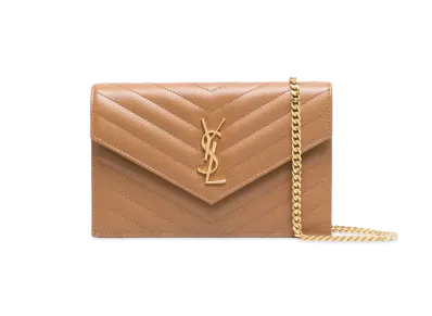 Saint Laurent Envelope Chain Wallet In Grain De Poudre Embossed Leather "Dark Natural"