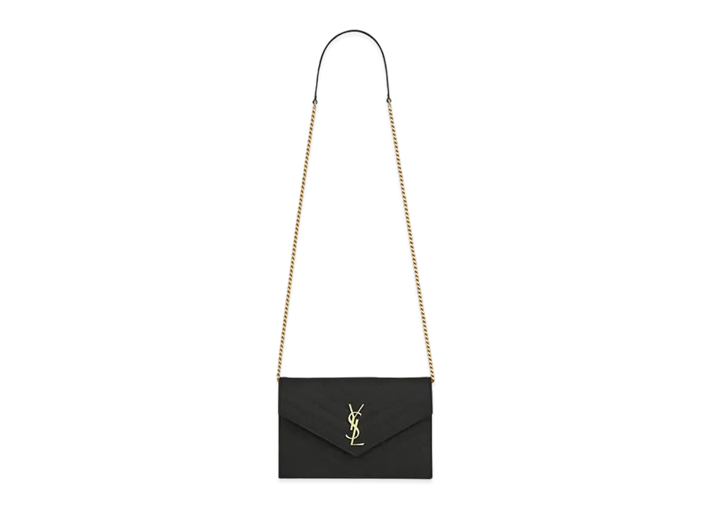Saint Laurent Envelope Chain Wallet In Grain De Poudre Embossed Leather "Black"