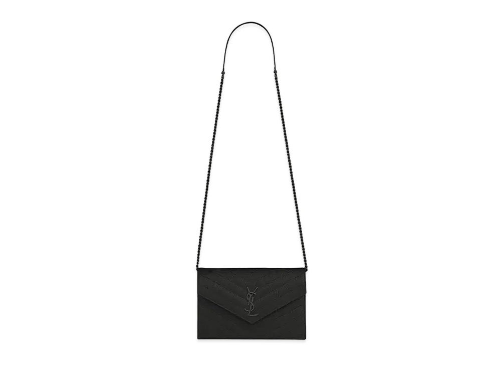 Saint Laurent Envelope Chain Wallet In Grain De Black Embossed Leather "Black"