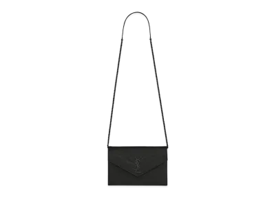 Saint Laurent Envelope Chain Wallet In Grain De Black Embossed Leather "Black"