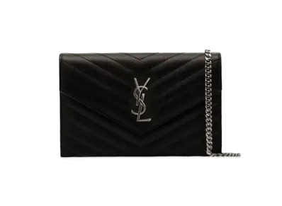 Saint Laurent Envelope Chain Wallet In Grain De Black Embossed Leather "Black"