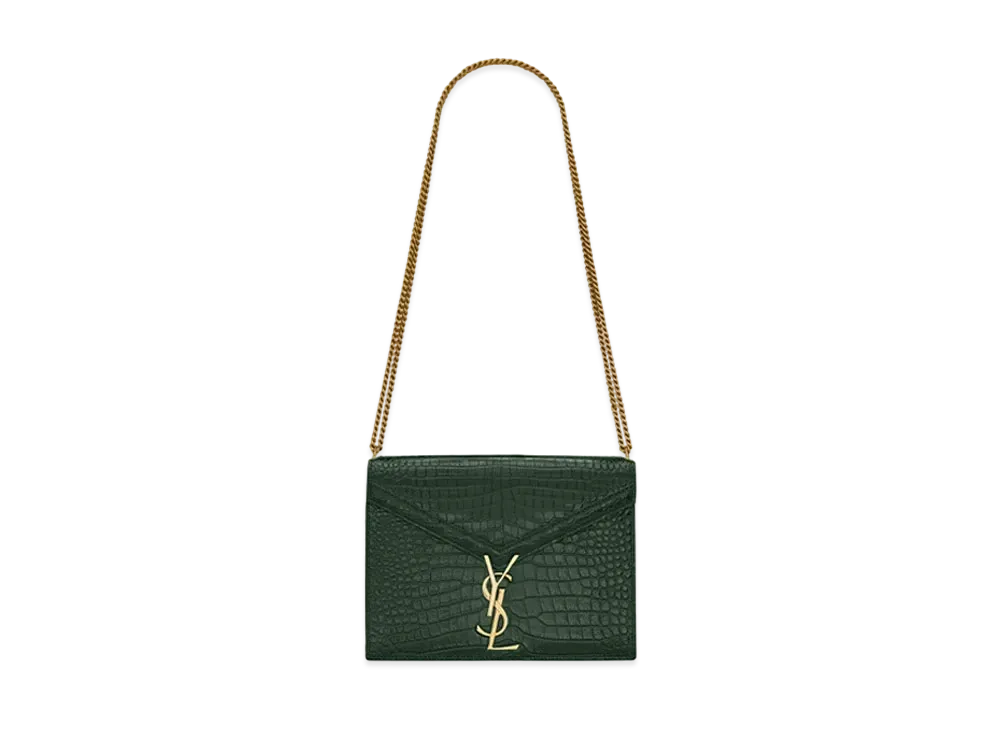 Saint Laurent Cassandra Monogram Clasp Bag In Crocodile-Embossed Shiny Leather "Mint"