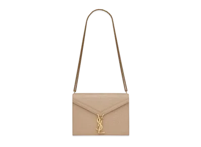 Saint Laurent Cassandra Monogram Clasp Bag In Crocodile-Embossed Shiny Leather "Dark Beige"