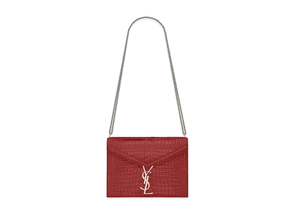 Saint Laurent Cassandra Monogram Clasp Bag In Crocodile Embossed Shiny Leather "Rouge Eros"