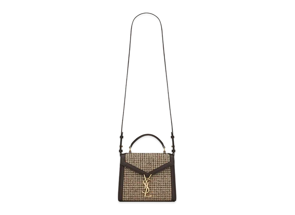 Saint Laurent Cassandra Mini Top Handle Bag In Tweed Pied De Poule "Beige"