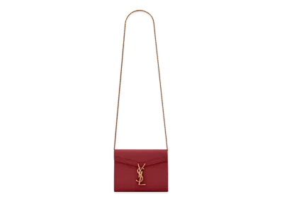 Saint Laurent Cassandra Chain Wallet In Grain De Poudre Embossed Leather "Rouge Opyum"