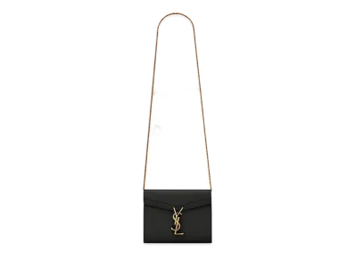 Saint Laurent Cassandra Chain Wallet In Grain De Poudre Embossed Leather "Black"