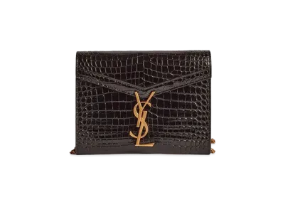 Saint Laurent Cassandra Chain Wallet In Crocodile-Embossed Shiny Leather "Black"