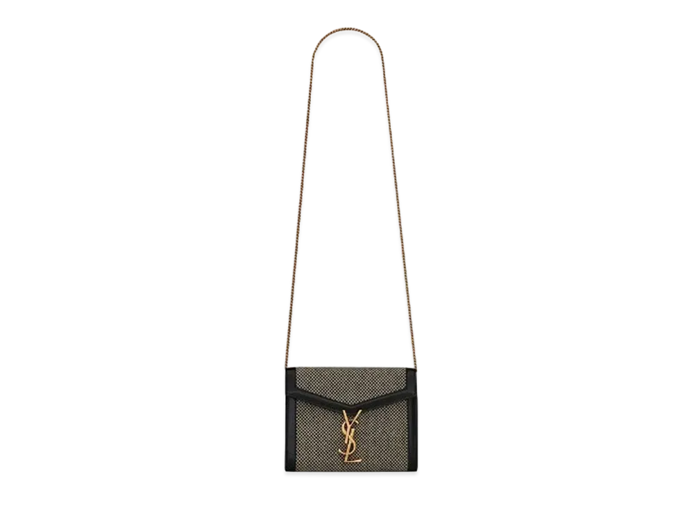 Saint Laurent Cassandra Chain Wallet In Braided Tweed And Leather "Black"