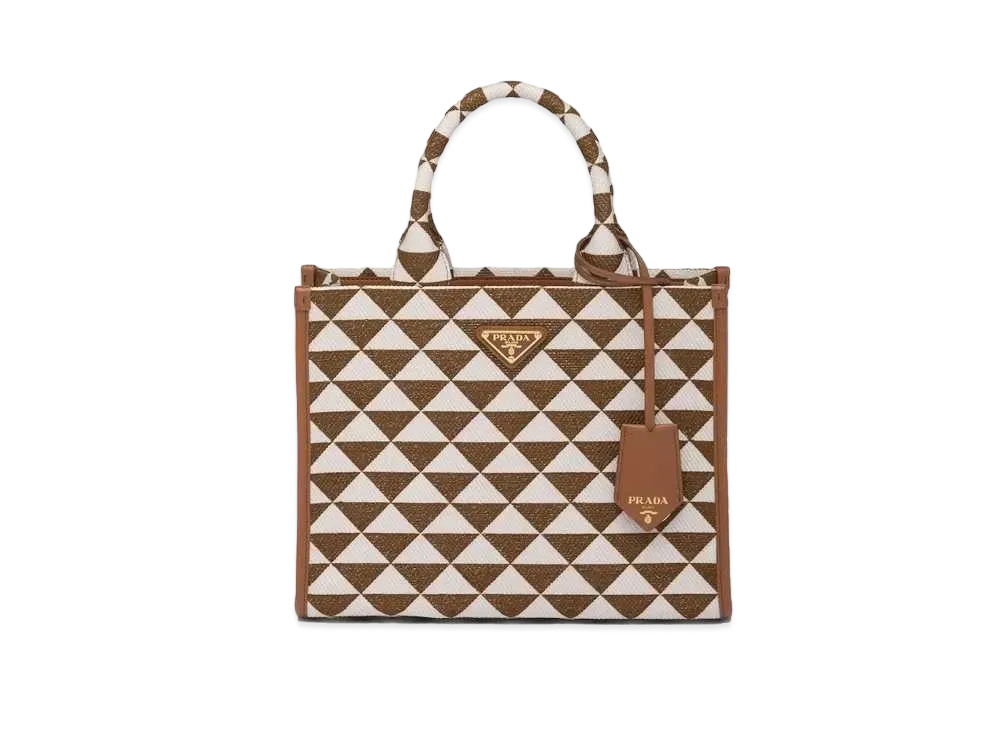PRADA Small Prada Symbole Embroidered Fabric Handbag "Tobacco/Chalk White"