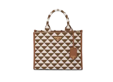 PRADA Small Prada Symbole Embroidered Fabric Handbag "Tobacco/Chalk White"