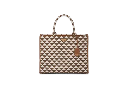 PRADA Large Prada Symbole Embroidered Fabric Handbag "Tobacco/Chalk White"