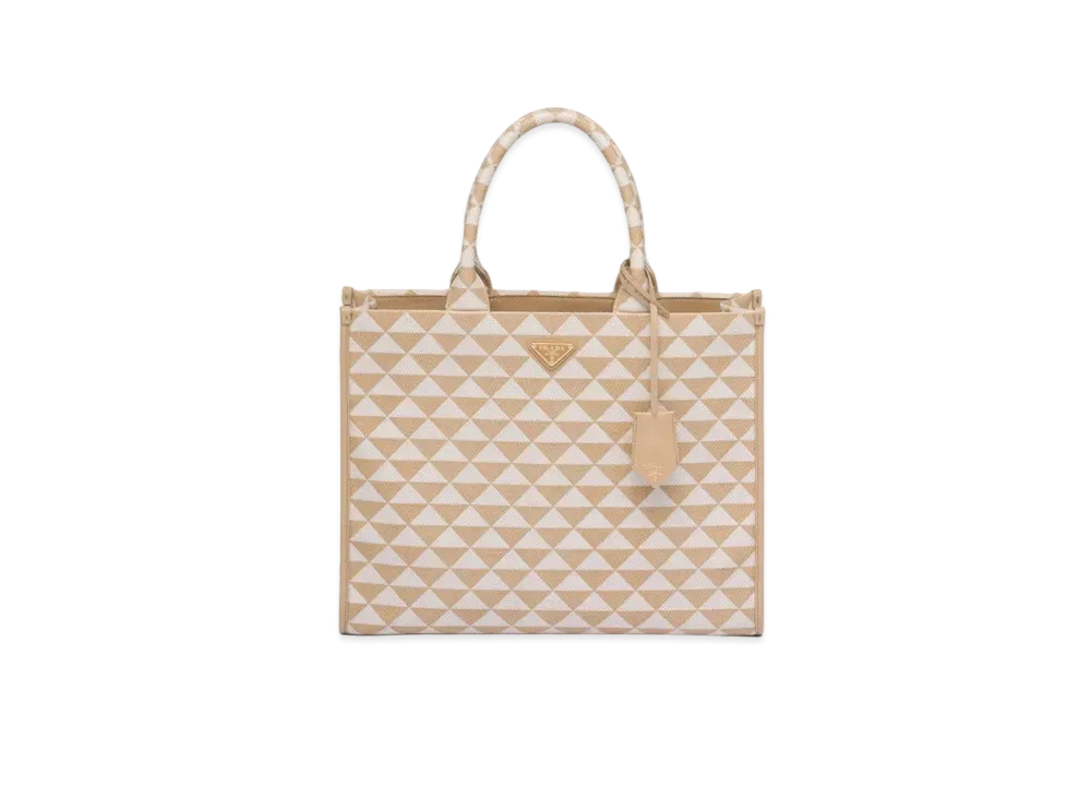 PRADA Large Prada Symbole Embroidered Fabric Handbag "Beige/Off White"
