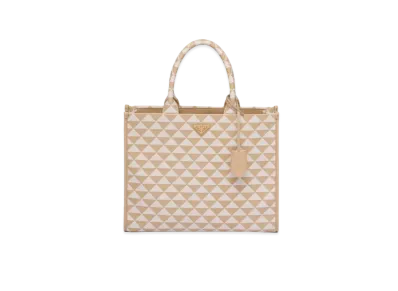 PRADA Large Prada Symbole Embroidered Fabric Handbag "Beige/Off White"