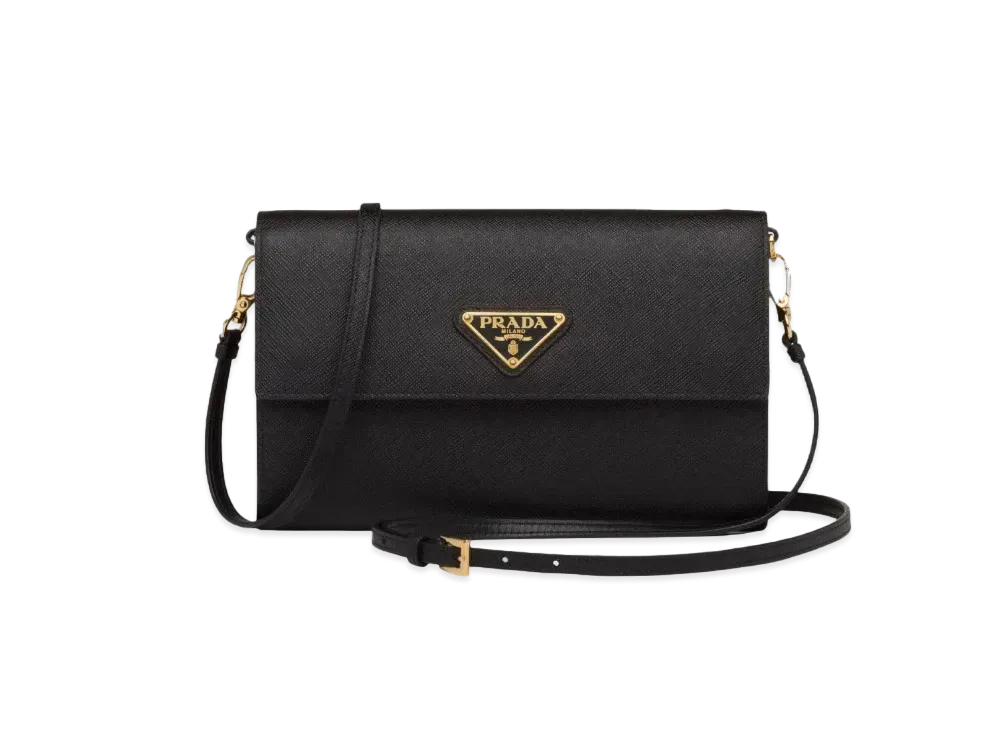 PRADA Saffiano Leather Wallet with Shoulder Strap "Black"