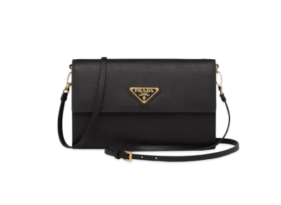 PRADA Saffiano Leather Wallet with Shoulder Strap "Black"
