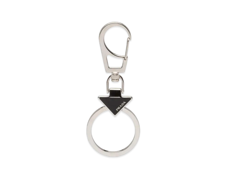 PRADA Enameled Metal Triangle Logo Keychain "Black"