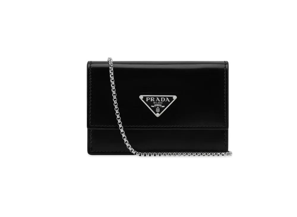 PRADA Brushed Leather Card Holder with Shoulder Strap "Black"