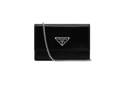 PRADA Brushed Leather Card Holder with Shoulder Strap "Black"