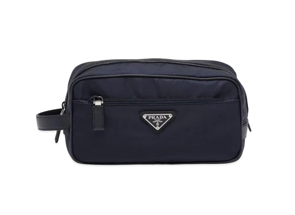 PRADA Re-Nylon and Saffiano Leather Travel Pouch "Navy"