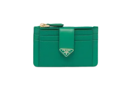 PRADA Saffiano And Smooth Leather Card Holder "Green"