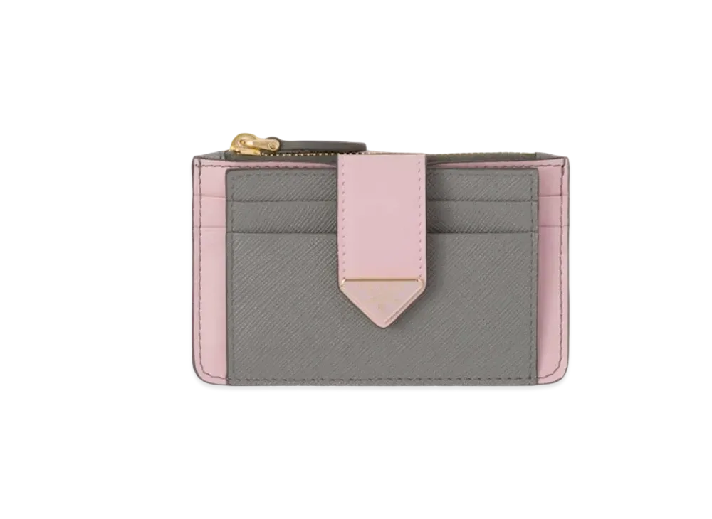 PRADA Saffiano And Smooth Leather Card Holder "Gray/Pink"