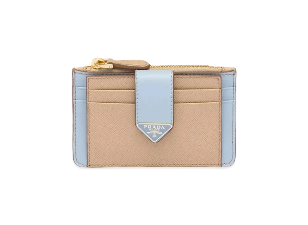PRADA Saffiano And Smooth Leather Card Holder "Sand/Light Blue"