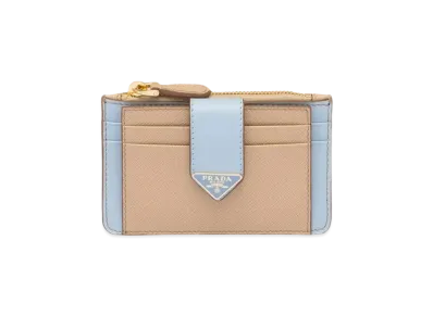 PRADA Saffiano And Smooth Leather Card Holder "Sand/Light Blue"