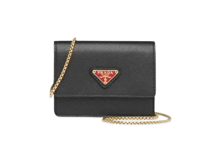 PRADA Saffiano Leather Triangle Logo Chain Wallet "Black/Fiery Red"