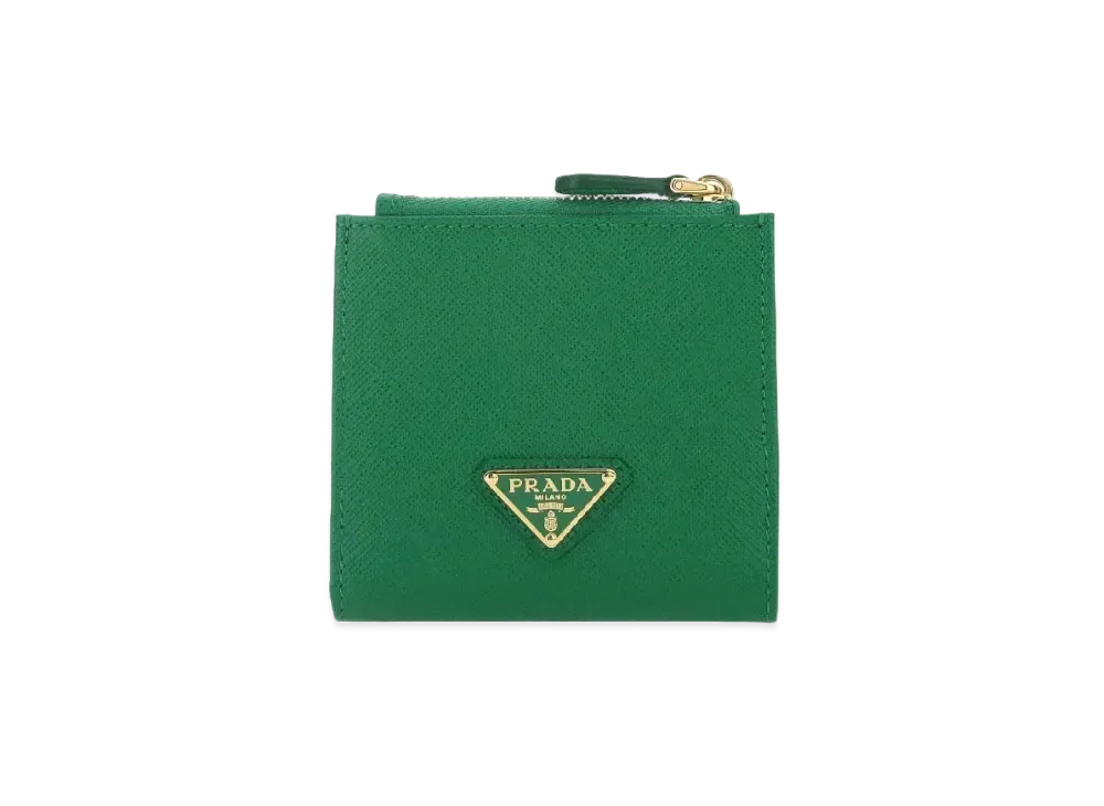 新品同様 プラダ 1M1438 ゴートレザー グリーン 二つ折り財布 緑 0777  